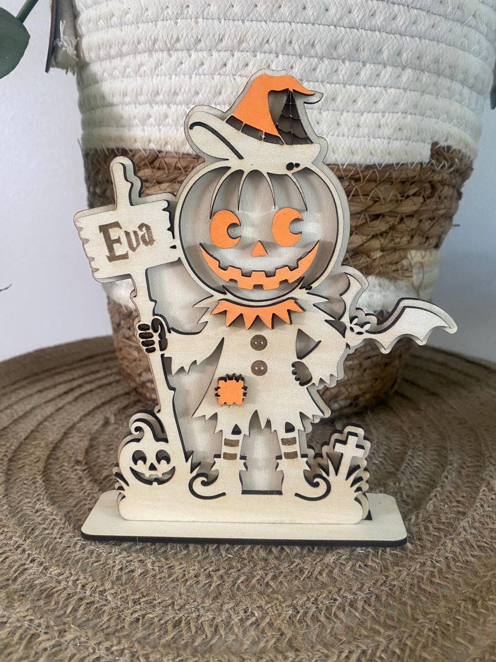 Figurine d’Halloween en bois personnalisée – Épouvantail citrouille
