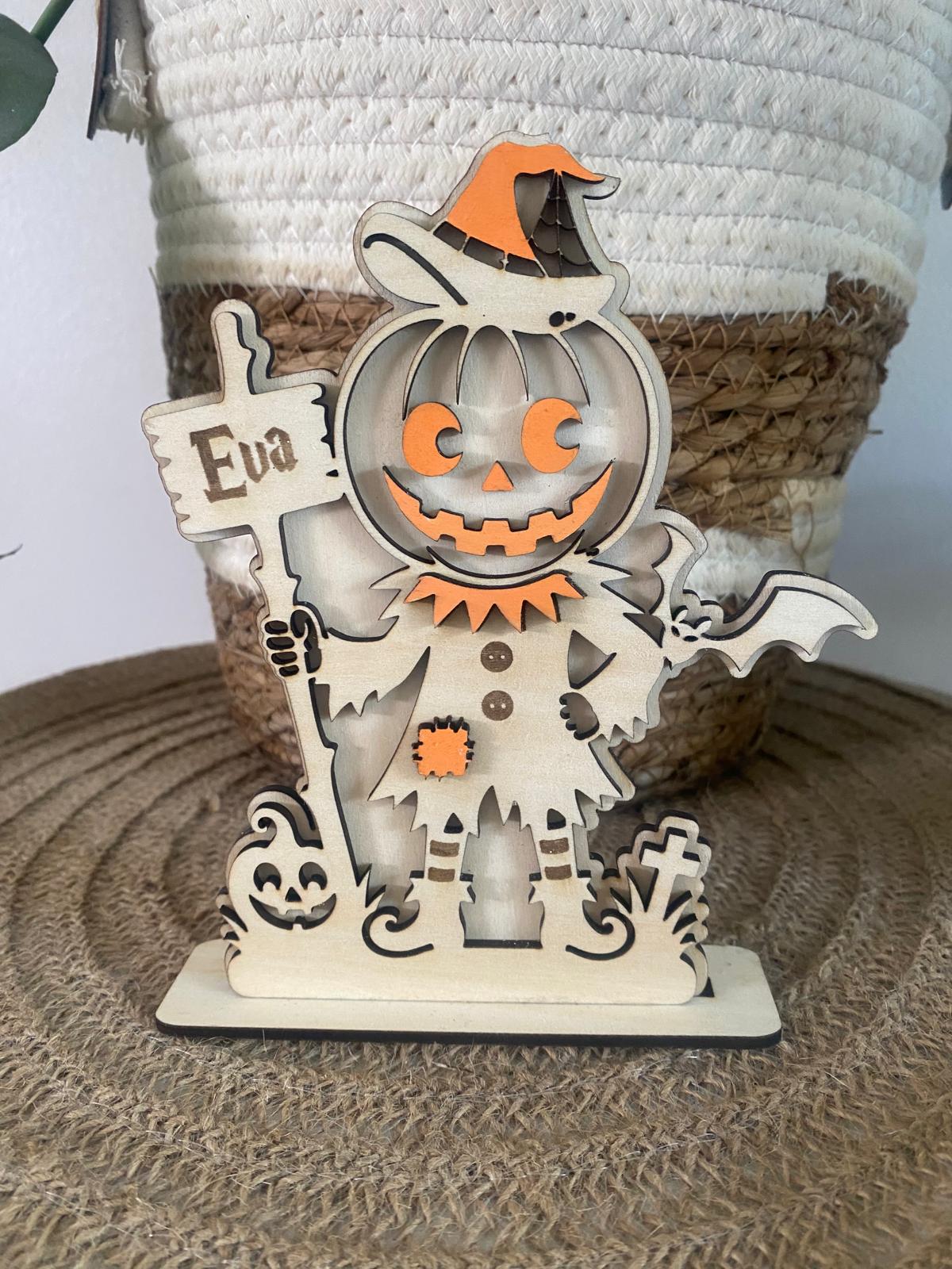 Figurine d’Halloween en bois personnalisée – Épouvantail citrouille