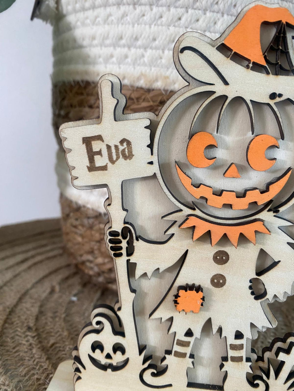 Figurine d’Halloween en bois personnalisée – Épouvantail citrouille