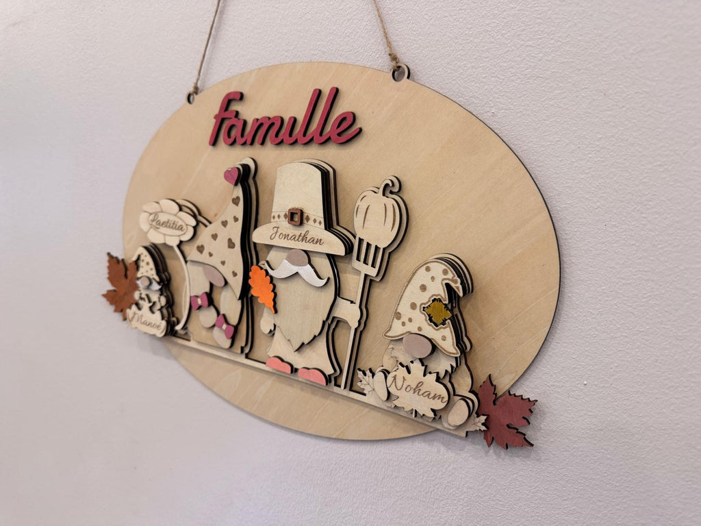Plaque murale famille personnalisée en bois – Gnomes d’automne