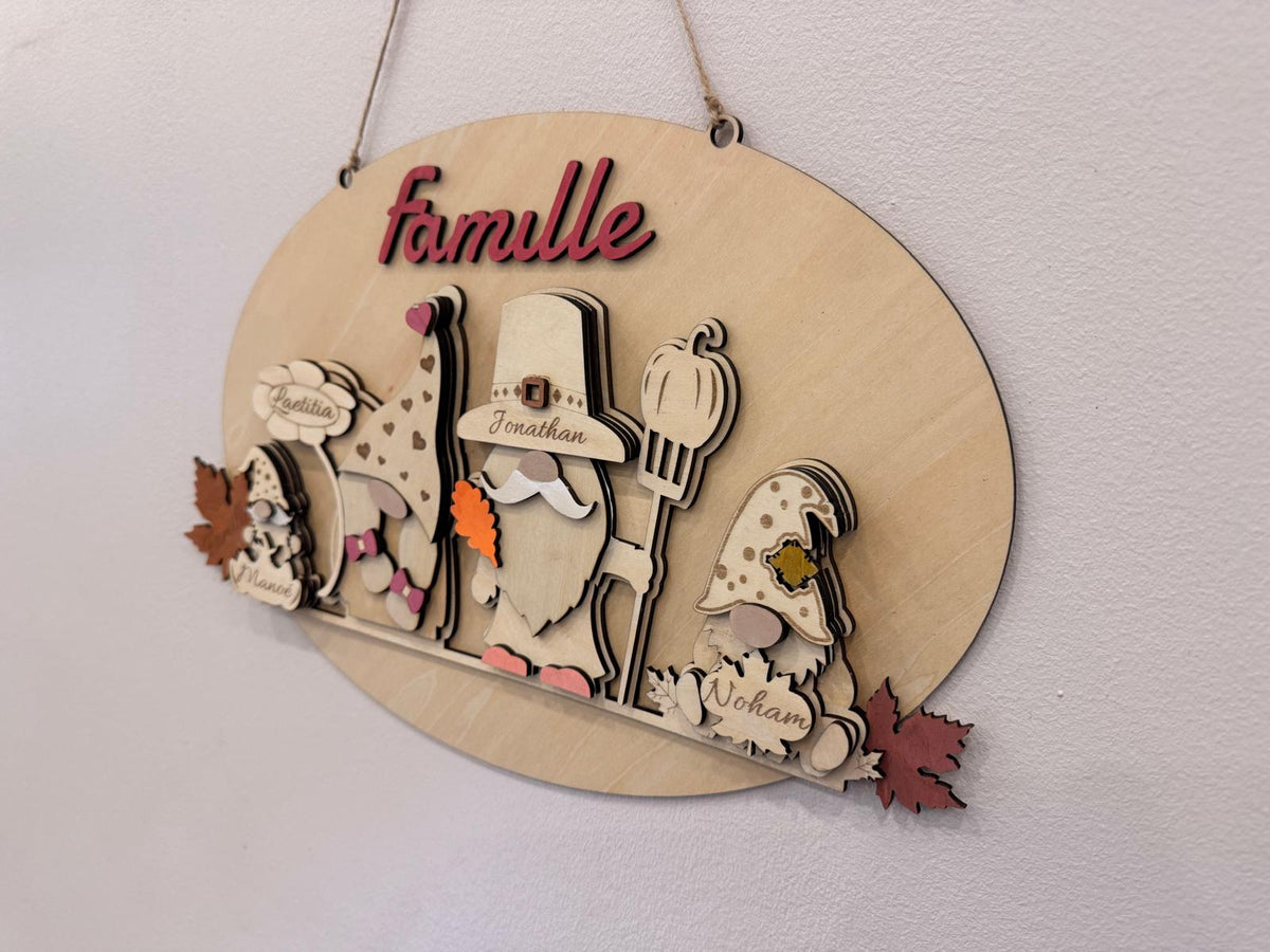 Plaque murale famille personnalisée en bois – Gnomes d’automne