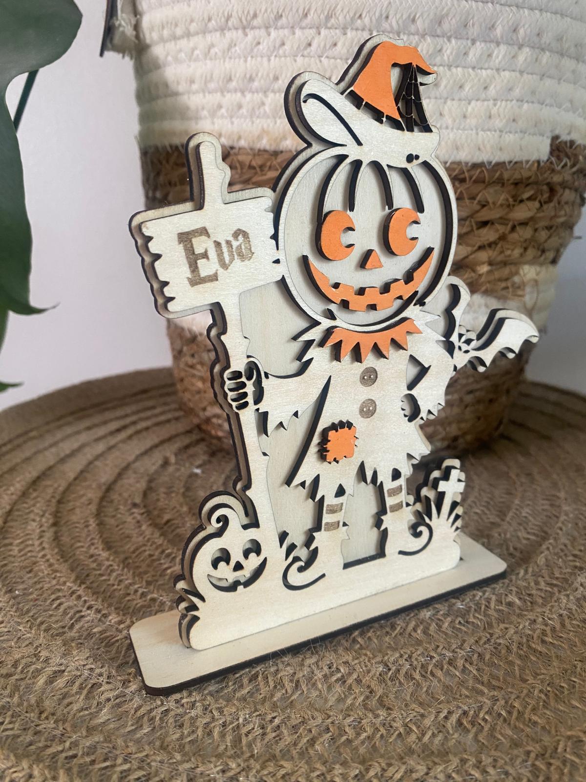 Figurine d’Halloween en bois personnalisée – Épouvantail citrouille