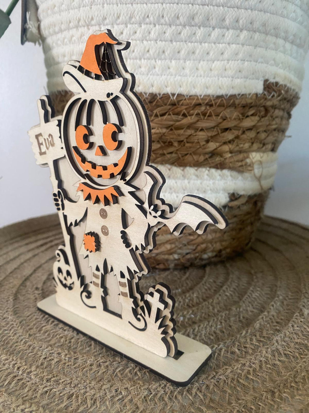 Figurine d’Halloween en bois personnalisée – Épouvantail citrouille