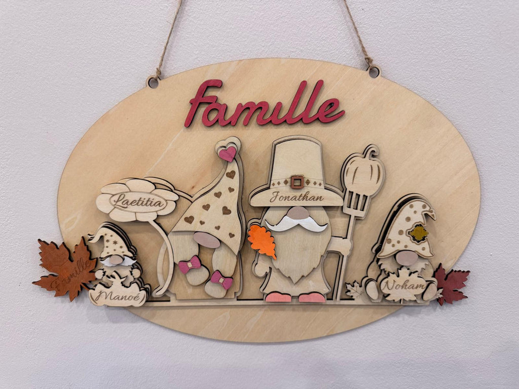 Plaque murale famille personnalisée en bois – Gnomes d’automne