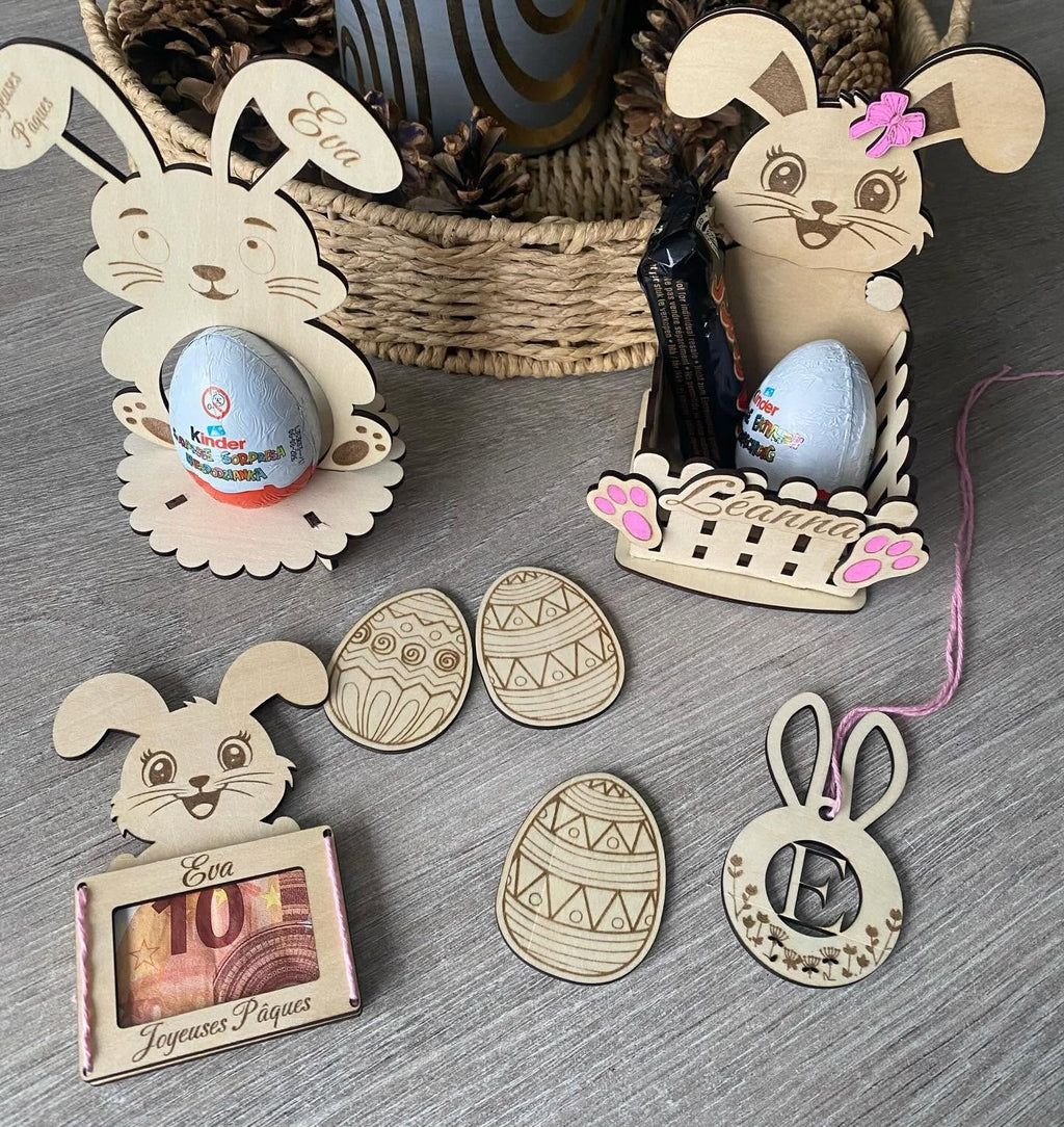 Lot de Pâques personnalisé en bois – Décorations et supports cadeaux