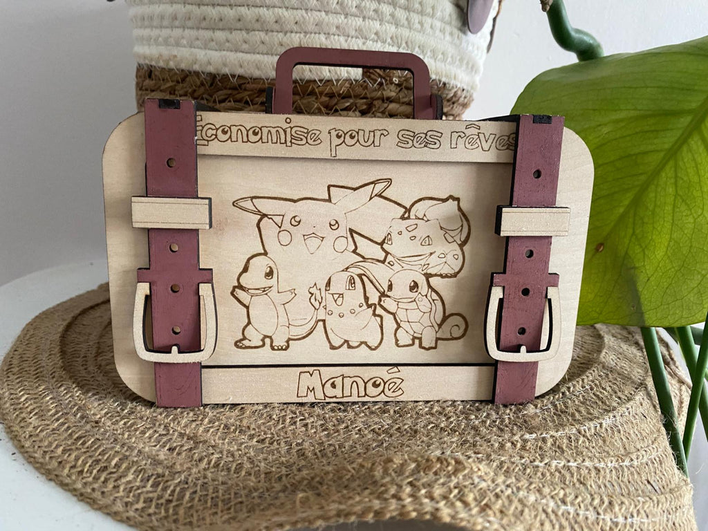 Tirelire valise personnalisée en bois sans couleur– Création sur mesure